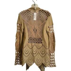 Sky Clothing Brand S NWT Wrap Jacket Knit Crochet Eyelet Smooth Taupe Beige Cozy
